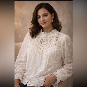 Jennifer & Grace Cottage core NWT Boho White Lace blouse size L.